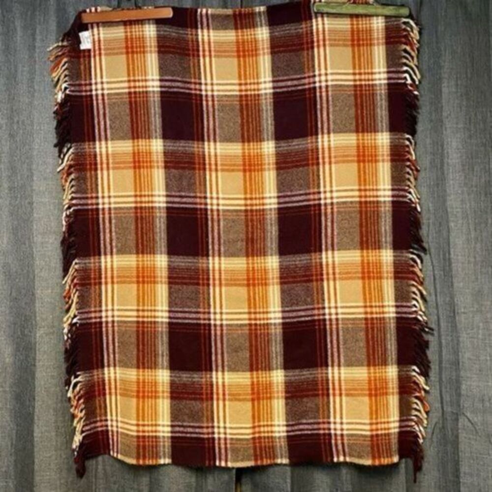 Vintage Faribault Plaid Throw Blanket Brown Orange‎ Fringe Cabin Decor